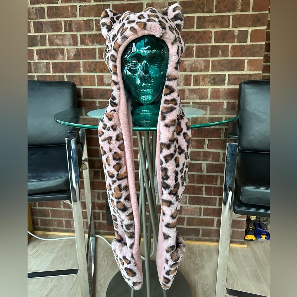 Y2K McBling Kawaii Pink Leopard Fur Cute Ears & Attached Pocket Scarf Hat ~ OS - Picture 9 of 10
